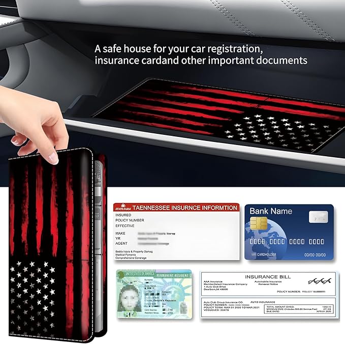 Premium Car Registration and Insurance Card Holder, Cute PU Leather Car Document Holder, Vehicle Glove Box Car Organizer with Magnetic Closure for Driver License, Cards Black Red Flag