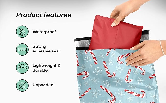 Christmas Poly Mailers 10x13 – Candy Canes – Waterproof, Tear-Resistant Shipping Bags with Adhesive Seal – 100 Pack – Package Mint