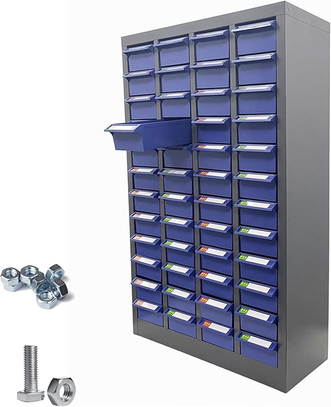 Parts Cabinet 48 Drawer Parts Drawer Storage Bolt Bins Organizer Storage Steel Tool Chest ABS/PS Material with Partitions and Labels