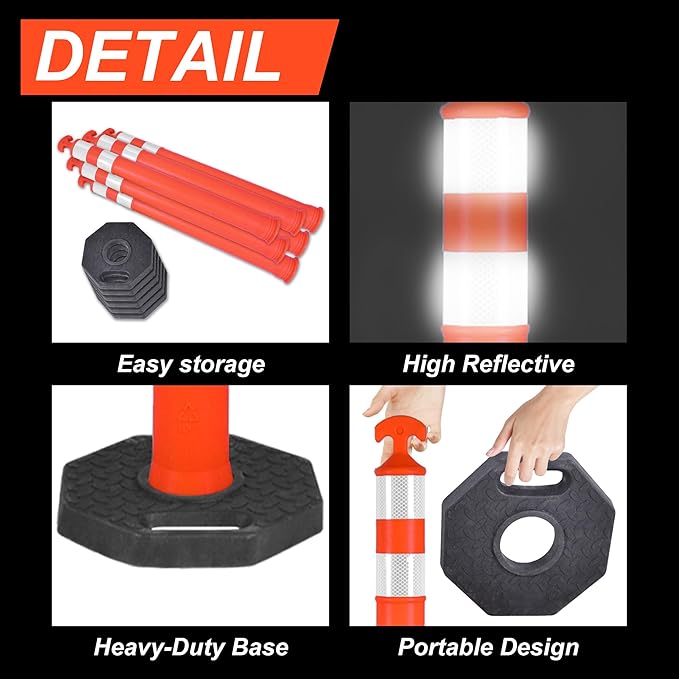 42" Traffic Delineator Posts,6 Pack Orange Safety Cones with Reflective Collars and Weighted Base for Road Safety, Parking Lots