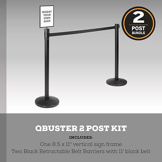 Qbuster Black Stanchions with Retractable Belt, Crowd Control Safety Barrier with 11’ Black Belt, 1 Sign Holder, Set of 2 Posts