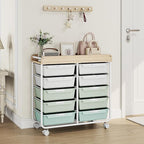 10 Drawers Rolling Cart with Wooden Tabletop, Utility Storage Cart with Wheels, Art Supply Craft Organizer on Wheel with Metal Frame & Handles for Home Office School,Green