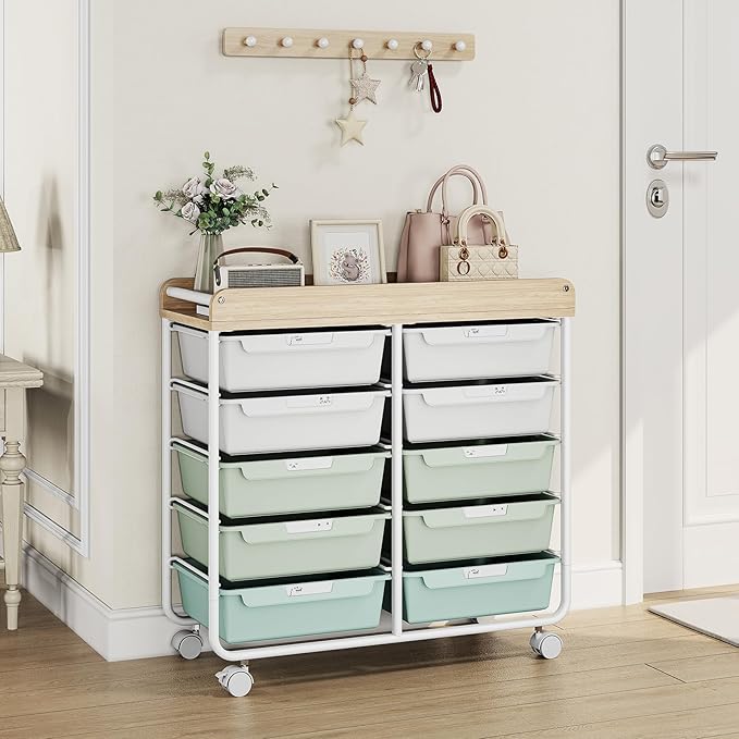 10 Drawers Rolling Cart with Wooden Tabletop, Utility Storage Cart with Wheels, Art Supply Craft Organizer on Wheel with Metal Frame & Handles for Home Office School,Green