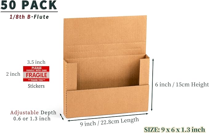 50 Pack 9x6x1.3 inch Small Shipping Boxes, Multi-Depth Flat Cardboard Boxes with Fragile Stickers for DVD Shipping, Packing, Moving, Storage, Brown