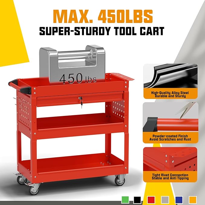 3 Tier Rolling Tool Cart on Wheels, 450 LBS Capacity Tool Cart with Drawers, Heavy Duty Rolling Utility Cart on Wheels, Rolling Tool Work Carts for Garage, Warehouse and Repair Shop,Red