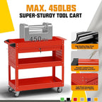 3 Tier Rolling Tool Cart on Wheels, 450 LBS Capacity Tool Cart with Drawers, Heavy Duty Rolling Utility Cart on Wheels, Rolling Tool Work Carts for Garage, Warehouse and Repair Shop,Red