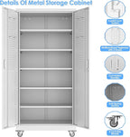 Garage Storage Cabinet with Wheels & Pegboard, 71" H x 34" W x 18" D Locking Metal Storage Cabinet with 2 Doors and 5 Adjustable Shelves for Garage Workshop Home, White, Assembly Required