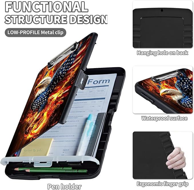 Clipboard with Storage,Clip Boards 8.5X11 with Storage Pen Holder,Heavy Duty Plastic Nursing Clipboards Foldable,Coaches Clipboard Folder Case,School Office Supplies-American Eagle Rebirth of Fire