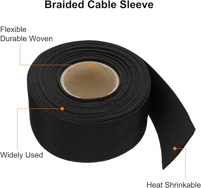 MECCANIXITY Braided Cable Sleeves Heat Shrinkable Fabric Sleeving, 1 9/16" 33ft Black 2:1 Ratio Heat Shrinkable Cord Protector for Harness Cable, Network Cable Protection, Cable Management