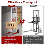 122" Material Lift Winch Stacker, 400 lbs Capacity Manual Material Lifts, Fixed Straddle Material Lifter, Hand Winch Lift Trucks for Warehouse, Factory, Lightweight, 34.60" L x 24.80" W, Red