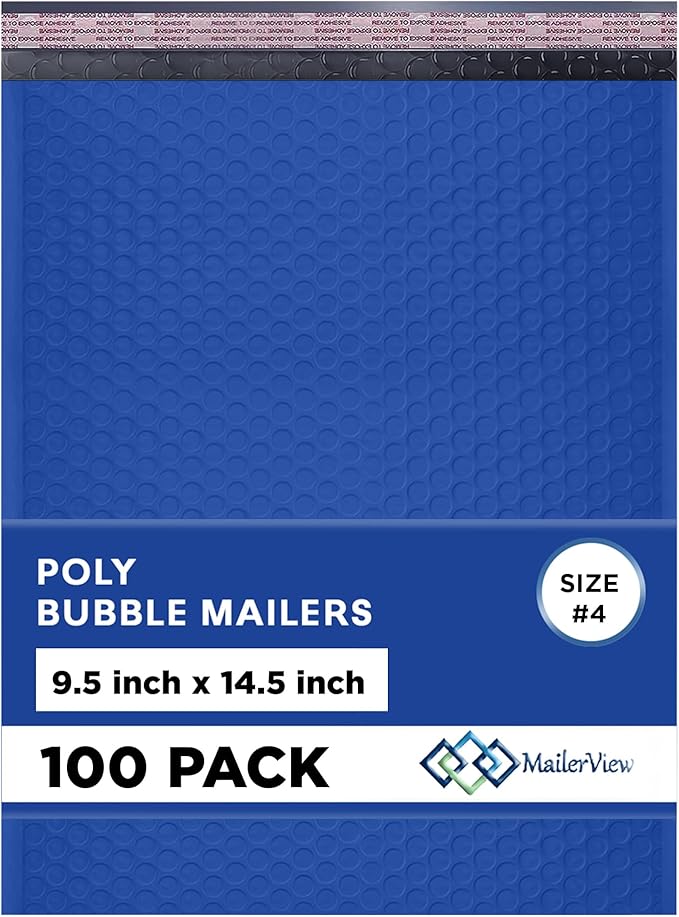 Royal Blue Large Poly Bubble Mailers 9.5x14.5 inch #4 | Self Seal Padded Envelopes Cushioned Bubble Mailer | Usable Size 9.5x13.5 | WaterProof | Lightweight mailing Shipping Bags | 100 Pack Bulk