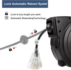 Retractable Extension Cord Reel, 65 Feet 12 AWG/3C SJTOW Heavy Duty Power Cord,15 AMP Circuit Breaker, 3-Lighted Triple Outlets, Ceiling or Wall Mount,Green
