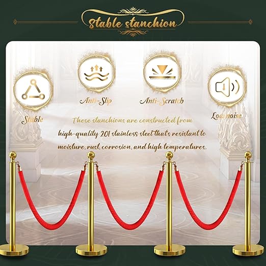 6Pcs Gold Stanchion Post Queue Velvet Ropes and Posts with Soild Base and 4pcs 5 Ft Red Velvet Ropes Carpet Ropes Posts Stanchion Set Crowd Control Barriers for Party Supplies