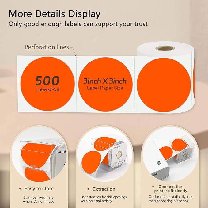 3X3 Inch Round Thermal Labels Circle Color Coding Labels Printable Waterproof 500PCS Round Stickers Adhesive Writable for Office, Garage, DIY Sticker, Barcodes, Name Tag, Fluorescent Orange