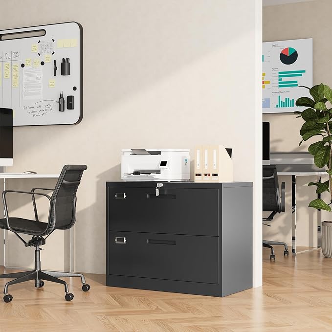 Lateral File Cabinet, Metal Filing Cabinet with Lock, 2 Drawer File Cabinets for Home Office, Office Cabinet for Hanging Files Letter/Legal/F4/A4, Assembly Required, Black