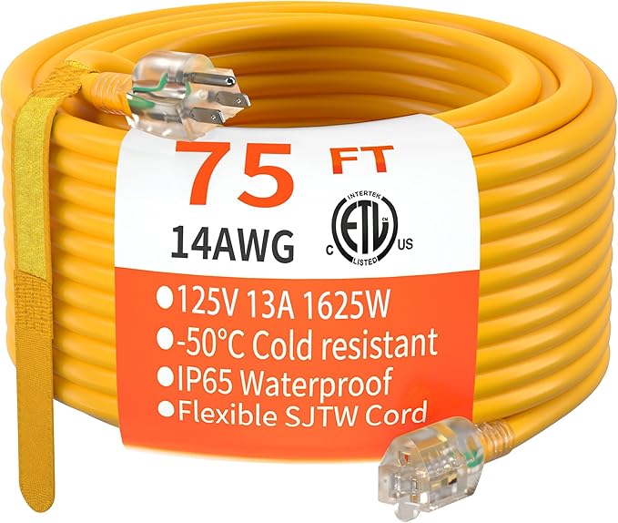 HUANCHAIN 75 ft 14/3 Gauge Heavy Duty Outdoor Extension Cord Waterproof with Lighted, Flexible Cold Weather 3 Prong Electric Cord Outside, 13A 1625W 125V 14AWG SJTW, Yellow, ETL Listed