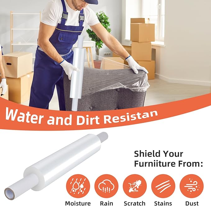 15in Stretch Wrap Roll - Heavy Duty Industrial Strength 15" 1200ft with Extended Cardboard Handles, Clear Cling Shrink Wrap Film Roll 60 Gauge - Ideal for Furniture, Moving, Pallet Packing(2 Rolls)