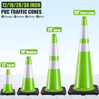 Fluorescent Orange/Green PVC Traffic Cones, Heavy Black Base Parking Lot Cone Structurally Stable Weatherproof Road Construction Safety Cones (4, Green, 18" Medium)