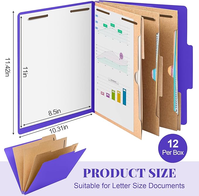 12 Pcs Classification Folders Letter Size 3 Pocket Dividers Employee File Folder with 2 Prongs Fasteners, 2 in Expansion Heavy Duty Pressboard File Holder for School Office Medical Document(Purple)