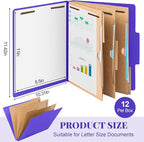 12 Pcs Classification Folders Letter Size 3 Pocket Dividers Employee File Folder with 2 Prongs Fasteners, 2 in Expansion Heavy Duty Pressboard File Holder for School Office Medical Document(Purple)