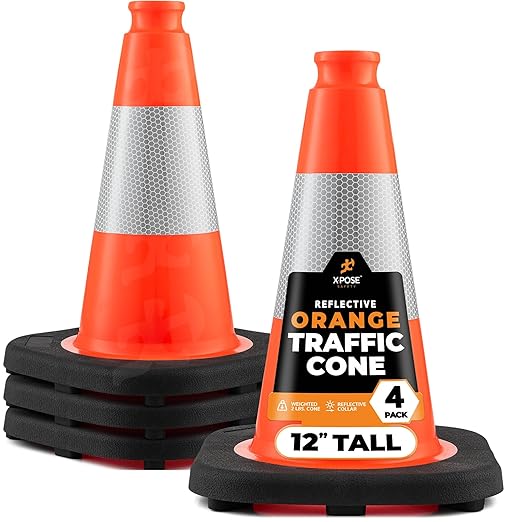 Xpose Safety 12 Inch Orange Traffic Cones with 4" Collar - 4 Pack Multipurpose PVC Plastic Safety Cone for Parking, Soccer, Caution, Kids and Construction - DOT Approved