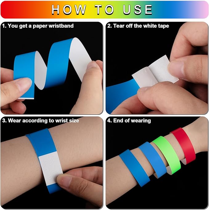 1200 Pcs Plastic Paper Wristbands for Events Neon Color Wrist Bands Concert Identification Wristbands Paper Bracelets Wristbands Party Hand Bands (Red, Fluorescent Green, Blue)