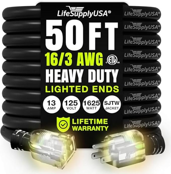 50ft Outdoor/Indoor Extension Cord 16/3 Gauge Heavy Duty 3 Prong SJTW, Waterproof, ETL Listed, Flexible Cold-Resistant Long Power Cord,13A 125V 1625W, Black by LifeSupplyUSA