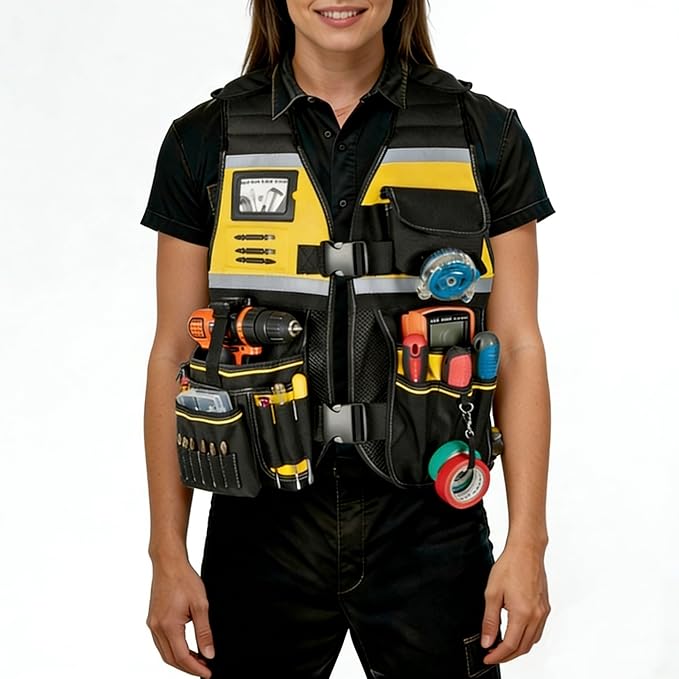 Tool Vest for Men with Adjustable Strap, Reflective Safety Work Vest for Electrician, Carpenter, Construction, Black and Yellow