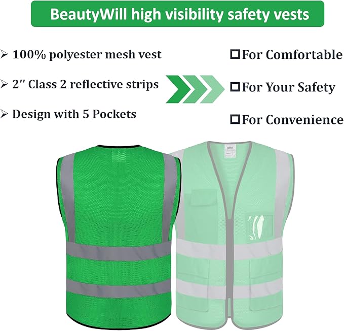 10 Pack Mesh Safety Vest Custom Logo High Visibility Reflective Vest with Pockets Security Work Vest（Green，L）