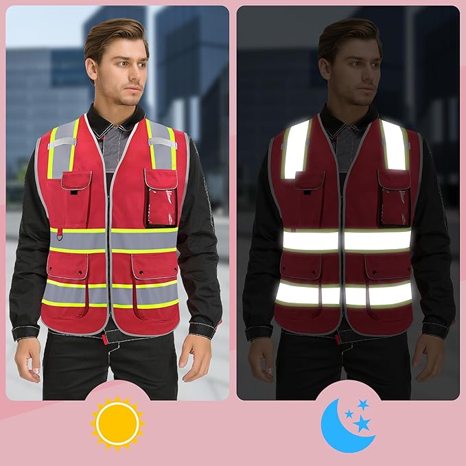 Reflective Safety Vest for Men Women, High Visibility Safety Vest with 8 Pockets Zipper Front, Meets ANSI Standards