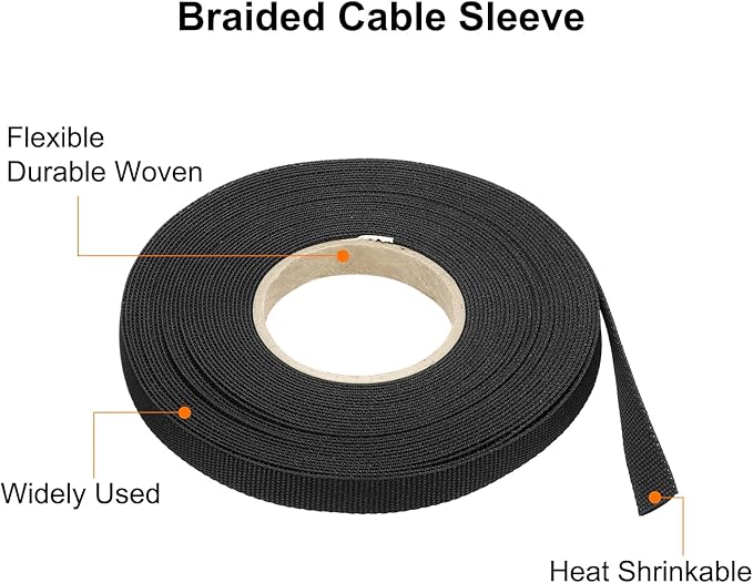 MECCANIXITY Braided Cable Sleeves Heat Shrinkable Fabric Sleeving, 5/16" 40ft Black 2:1 Ratio Heat Shrinkable Cord Protector for Harness Cable, Network Cable Protection, Cable Management