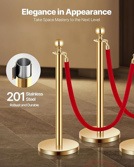 VEVOR Stanchions and Velvet Ropes 6Pcs, Hollow Base with Stainless Steel Post, 4 Red Velvet Ropes and Posts, Crowd Control Barriers Gold Stanchions, Red Carpet Runner Poles for Party Supplies