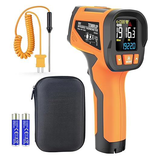 -40℉ to 1922℉ TEMIRUP Infrared Thermometer Temperature Gun with Thermocouple Probe, 30:1 Pyrometer High Temp Thermometer for Cooking Oven, Engine, Kiln, Forging, Industrial, Adjustable Emissivity