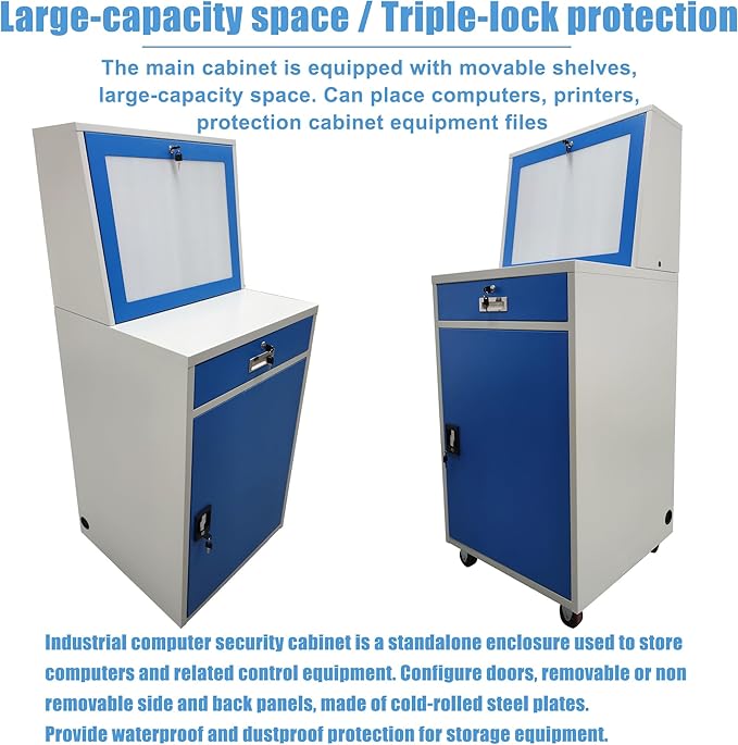 Industrial PC Enclosure Computer Security Cabinet Lockable Detachable Steel Cabinet with Wheels USB Cooling Fan, Adjustable Shelves for Control Equipment (65x60x109.5cm)