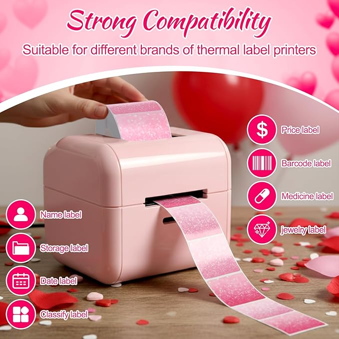 Ctosree 500 Pcs/ 1 Roll Thermal Sticker Labels Self Adhesive Direct Thermal Labels Multipurpose Printer Stickers for DIY, Name Tag(Heart,2 Inches,Shimmering Pink Gradient)