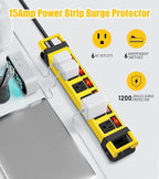 Heavy Duty Power Strip,6 Outlets Metal Power Strip with Individual Switch & Cord Management,Mountable Surge Protector 1200J,15FT Extension Cord(Yellow,15 FT)