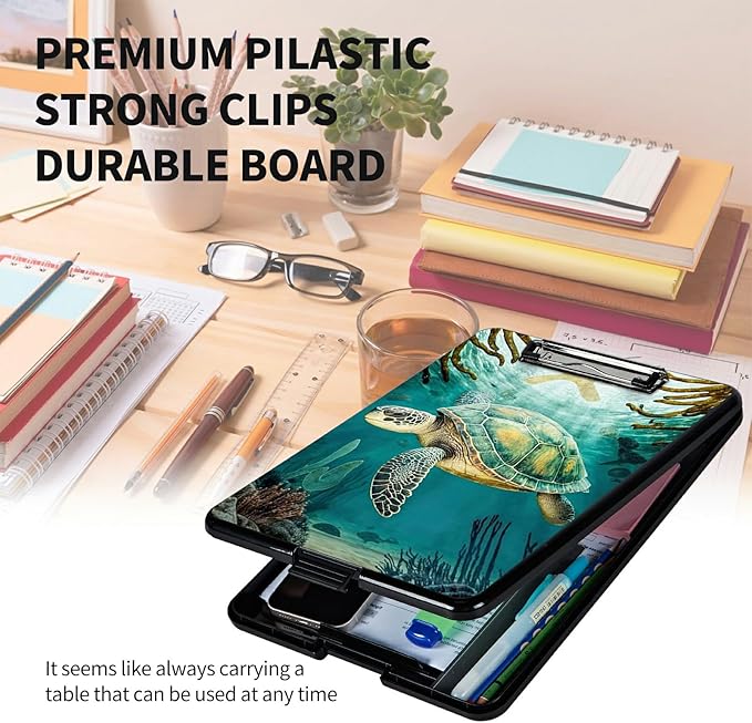 A4 Clipboards,Heavy Duty Waterproof Nursing Plastic Folder Clipboard with Storage Clip Boards,File Folder Storage Box Clipboard Case for Teacher,Doctor,Offices,Turtle