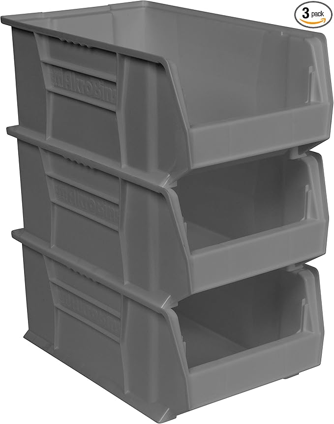 Akro-Mils 30281 Super-Size AkroBins Plastic Storage Bins, Space-Saving Stackable Bins for Garage, Classroom, Warehouse Organization, 20-Inch L x 12-Inch W x 8-Inch H, Grey, 3-Pack