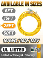 Lighted End Heavy Duty Outdoor Extension Cord Waterproof -16AWG, 3 Prong, 15A, 1875W, Flexible Yellow Power Extension Cord for Outsides, 25ft