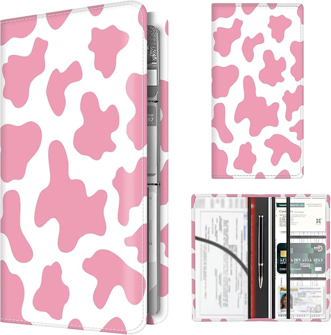 Premium Car Registration and Insurance Card Holder, Cute PU Leather Car Document Holder, Vehicle Glove Box Car Organizer with Magnetic Closure for Driver License, Cards Pink Cow Print
