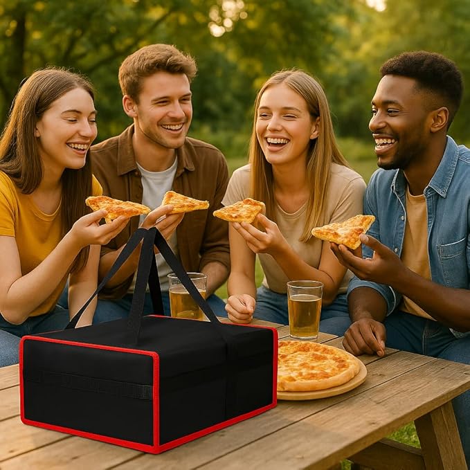 Bodaon Insulated Pizza Bags for Food Delivery 16" x 16" x 6", Compact Pizza Bag Holds 3 Boxes, Foldable Thermal Carrier for Delivery Staff Black-Red