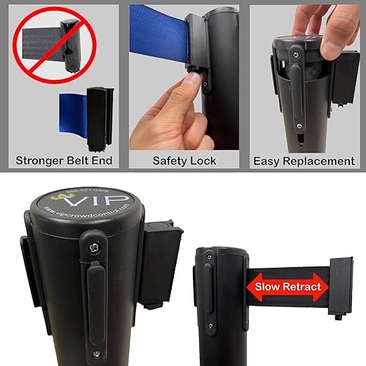 VIP Crowd Control Retractable Belt Stanchion Queue Safety Barrier Set, 36" Ht, 78" Black Belt + Wall Bracket (6 Posts Belt+SFrame+WBracket)