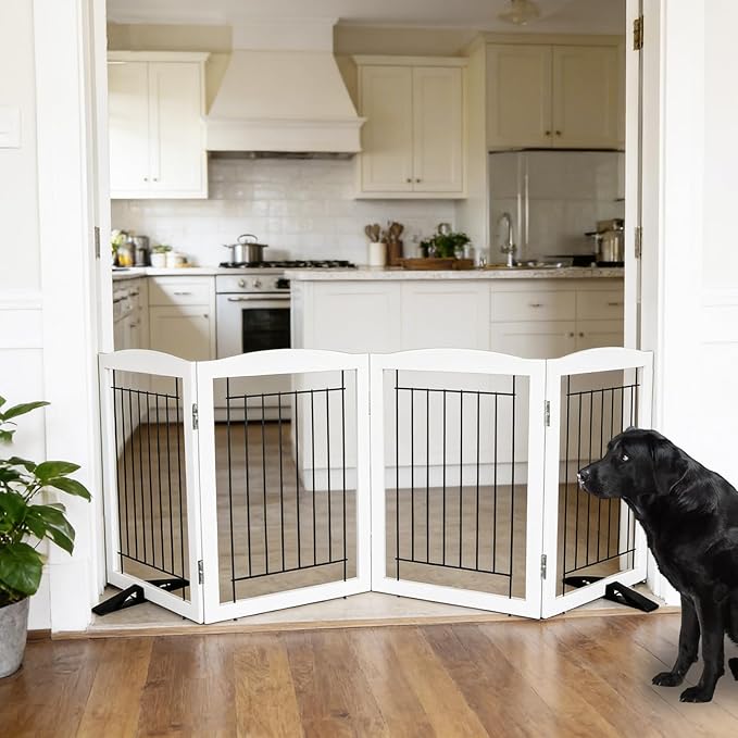 Dog Fence Indoor - 4-Panel Freestanding Dog Gate for Doorways, Hallways, House or Stairs -80x24-Inch Retractable Foldable Expandable Wood Pet by SFJC (White)