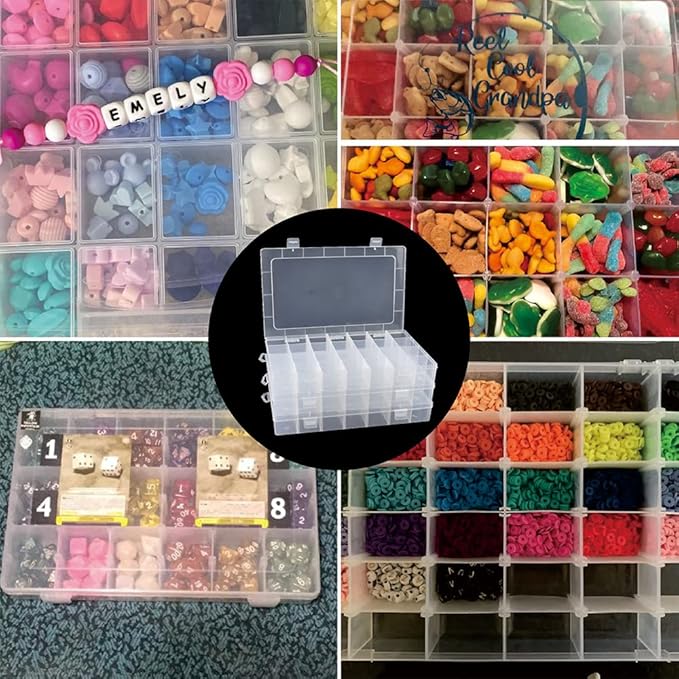 3Pack 28 Compartment Organizer Box with Parkical Adjustable Dividers, 28 Grids Plastic Storage Container for Jewelry, Craft DIY, Bead Organizer, Sewing, Dip Powder, Hair Accessories