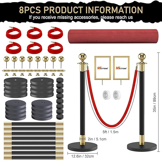 kaiyomi 8Pcs Stanchions Posts Velvet Ropes with Red Carpet and Sign Frame, Water or Sand-Fillable Base, Suitable for 8.5" x 11" A4 Paper Size Sign Frame for Red Carpet Party Decoration (Black&Golden)