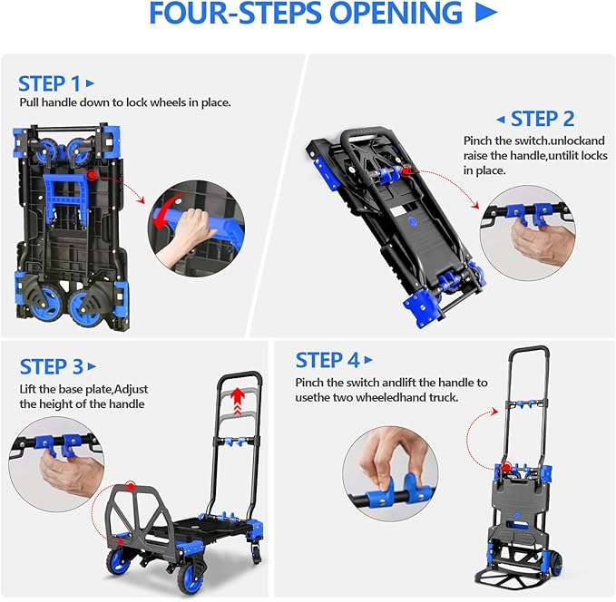 2 in 1 Hand Truck Dolly Foldable, 330LB Folding Hand Truck Heavy Duty Carrying, Folding Hand Cart with Retractable Handle Dolly Cart for Moving