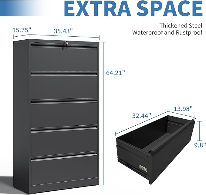 File Cabinets 5 Drawer,Metal Office Storage Filing Cabinet with Lock,Black Lateral Filing Cabinet for Home Office,Horizontal Locking File Cabinet for Legal/Letter/A4,Assembly Require,Black