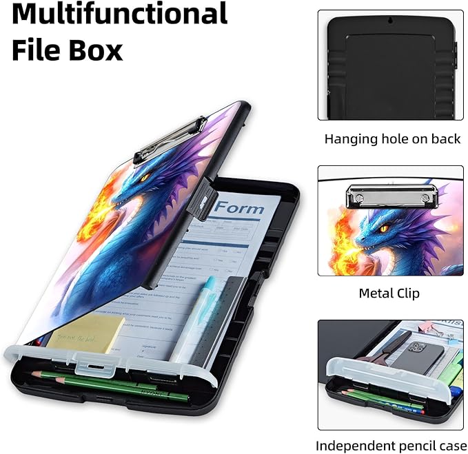 Clipboard with Storage Box & Pen Holder,Heavy Duty Clip Boards 8.5x11 for Nursing,High Capacity,School & Office Supplies,Blue Dragon Fire