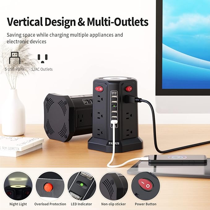 PASSUS Surge Protector Power Strip with 5 USB Ports and Night Light,10FT Braided Extension Cord with 12 AC Multiple Outlets, Power Tower Overload Protection for Home Office Dorm Room Essentials