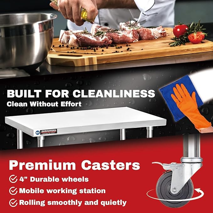 DuraSteel 24x18 NSF Stainless Steel Cart Work Table - Heavy Duty Rolling Food Prep Table - Metal Utility Cart on Wheels Caster, Grill Stand Microwave Outdoor Kitchen Tables Countertop Island Large Top